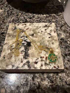 Gold-Tone Green Malachite Enamel Pendant Necklace - Designer Style